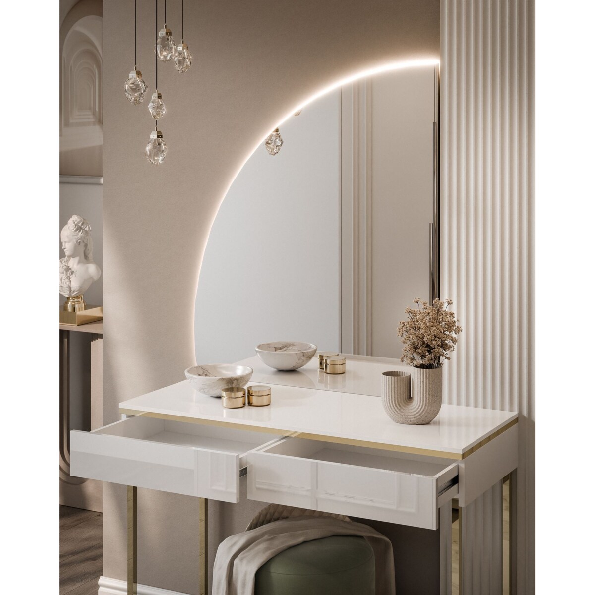 Toaletka AURORA-Q biały połysk na złotym stelażu lewe