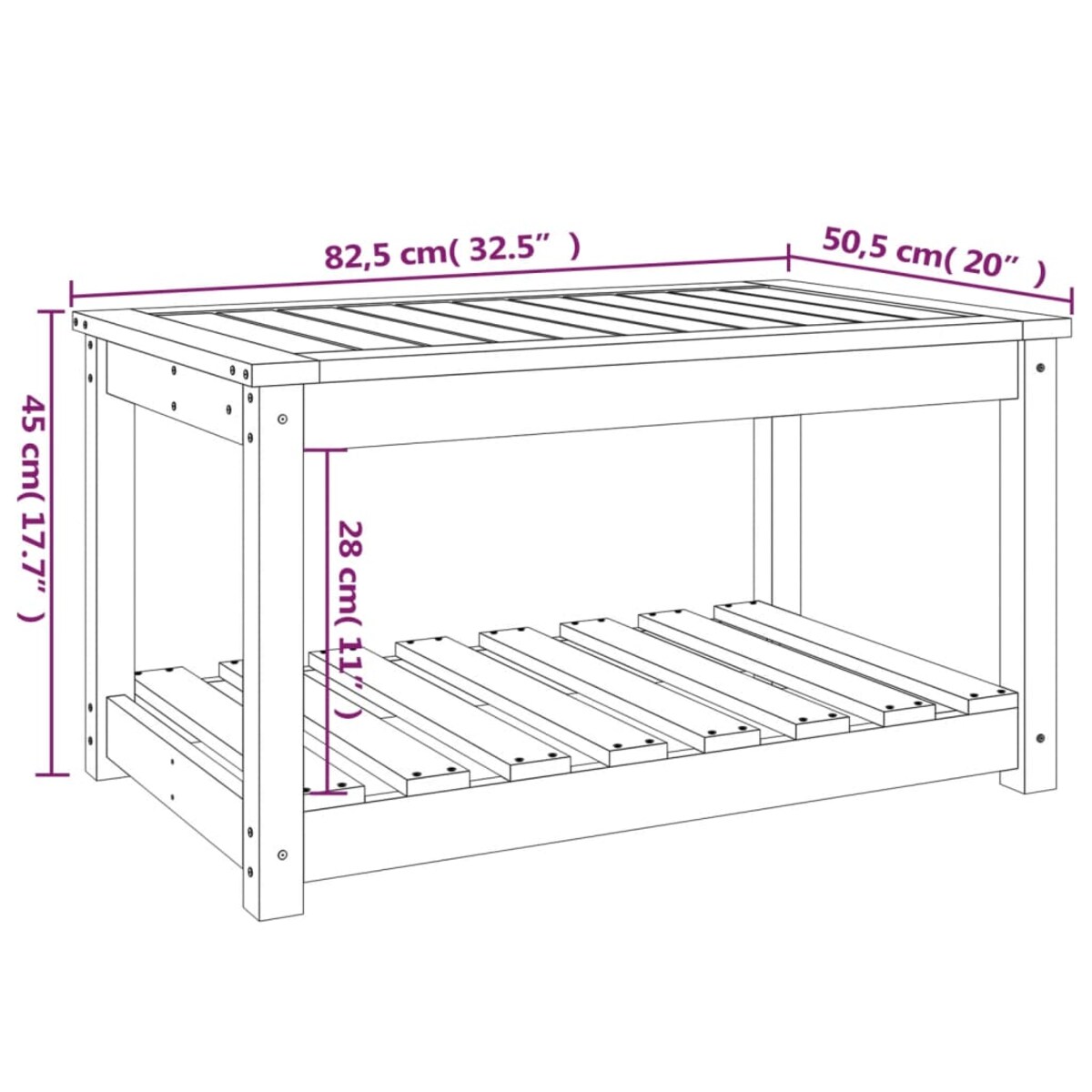 vidaXL Stolik ogrodowy, 82,5x50,5x45 cm, lite drewno sosnowe