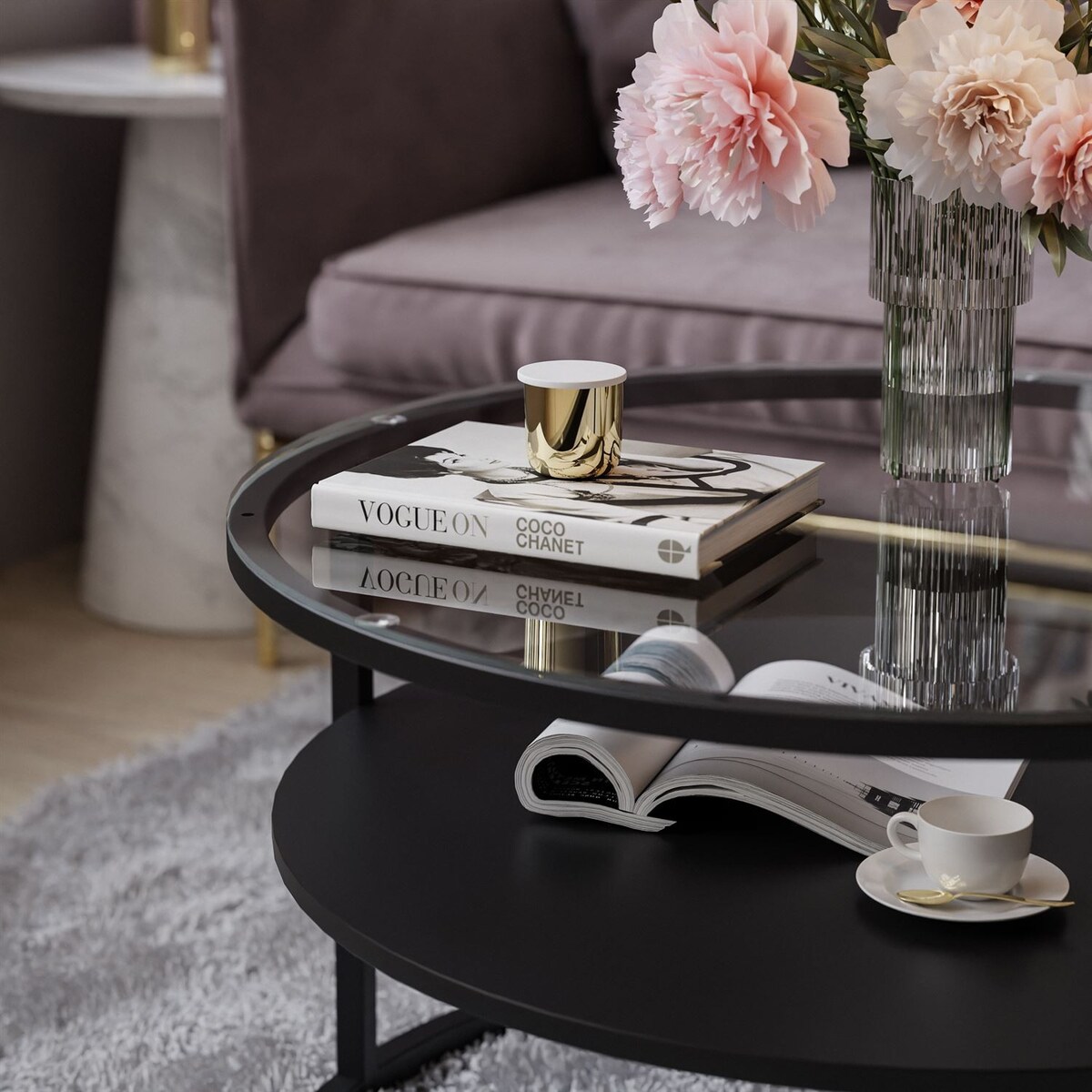 Stolik kawowy CIRI z półką czarny przeźroczyste szkło