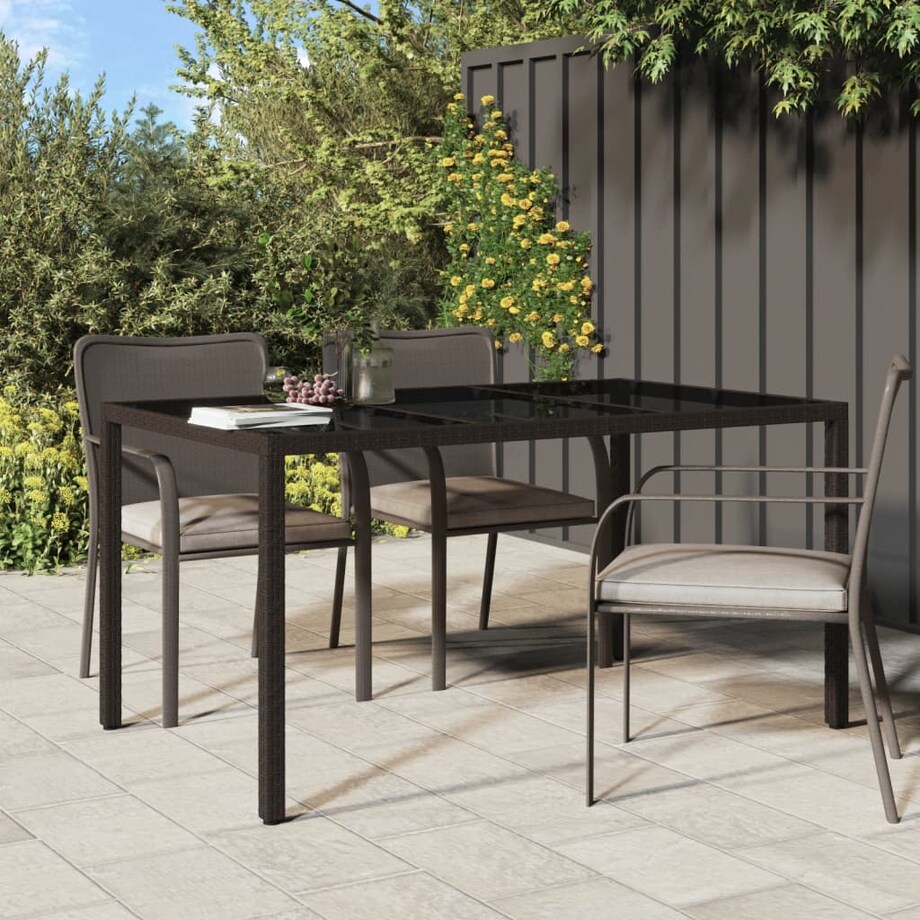 vidaXL Stół ogrodowy, 150x90x75 cm, szkło i rattan PE, brązowy