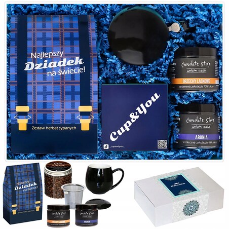 ZESTAW PREZENTOWY UPOMINKOWY BOX PREMIUM NA DZIEŃ DZIADKA HERBATY KAWA KUBEK Z ZAPARZACZEM I POKRYWKĄ CZEKOLADOWE PRZEKĄSKI PREZENT UPOMINEK
