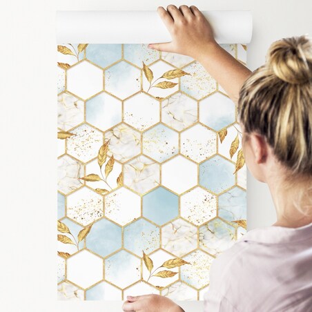 Tapeta MOZAIKA Marmur Liście Heksagony