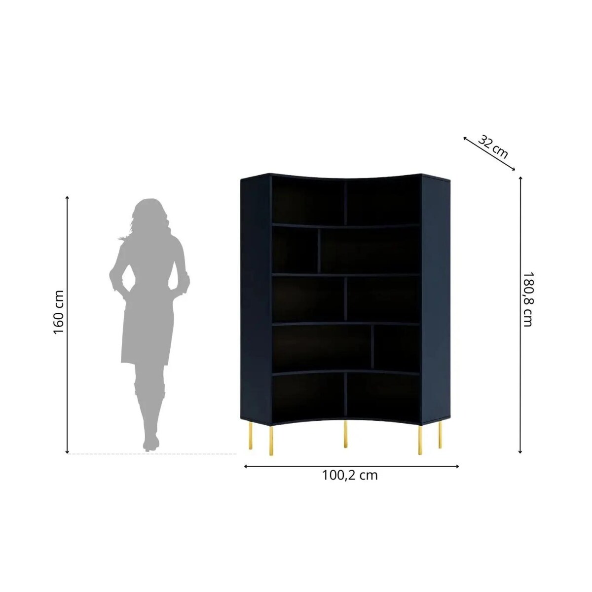 Nowoczesny narożny regał na książki Skandica HORN ze złotymi nogami / granatowy