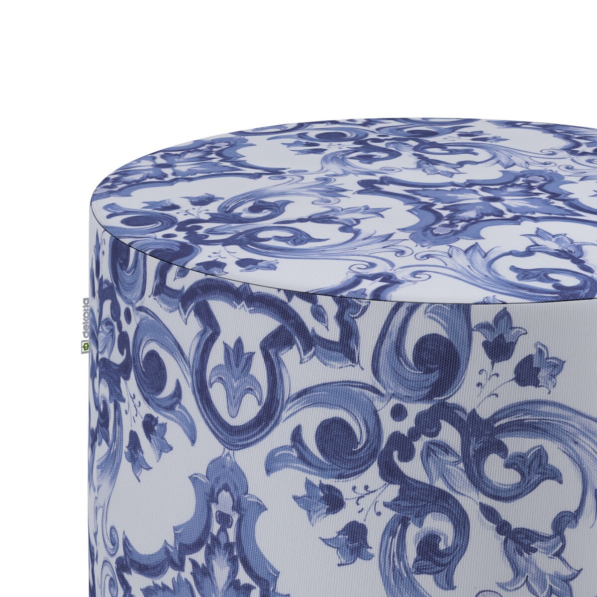 Puf Barrel, niebieskie wzory na białym tle, ø40, wys. 40 cm, Aria