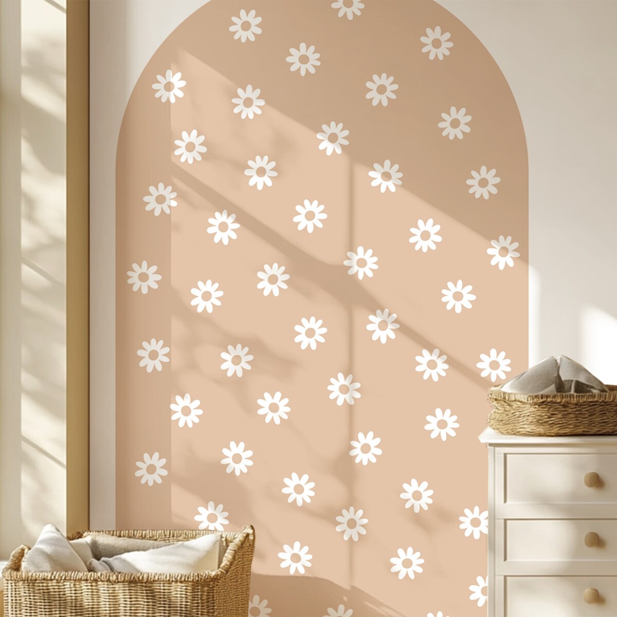 Naklejka na ścianę łuk beżowy - stokrotki XL