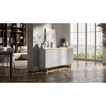 Komoda Glamour Szafka RTV Biały MAT ryflowane fronty złote akcenty 166,8 cm