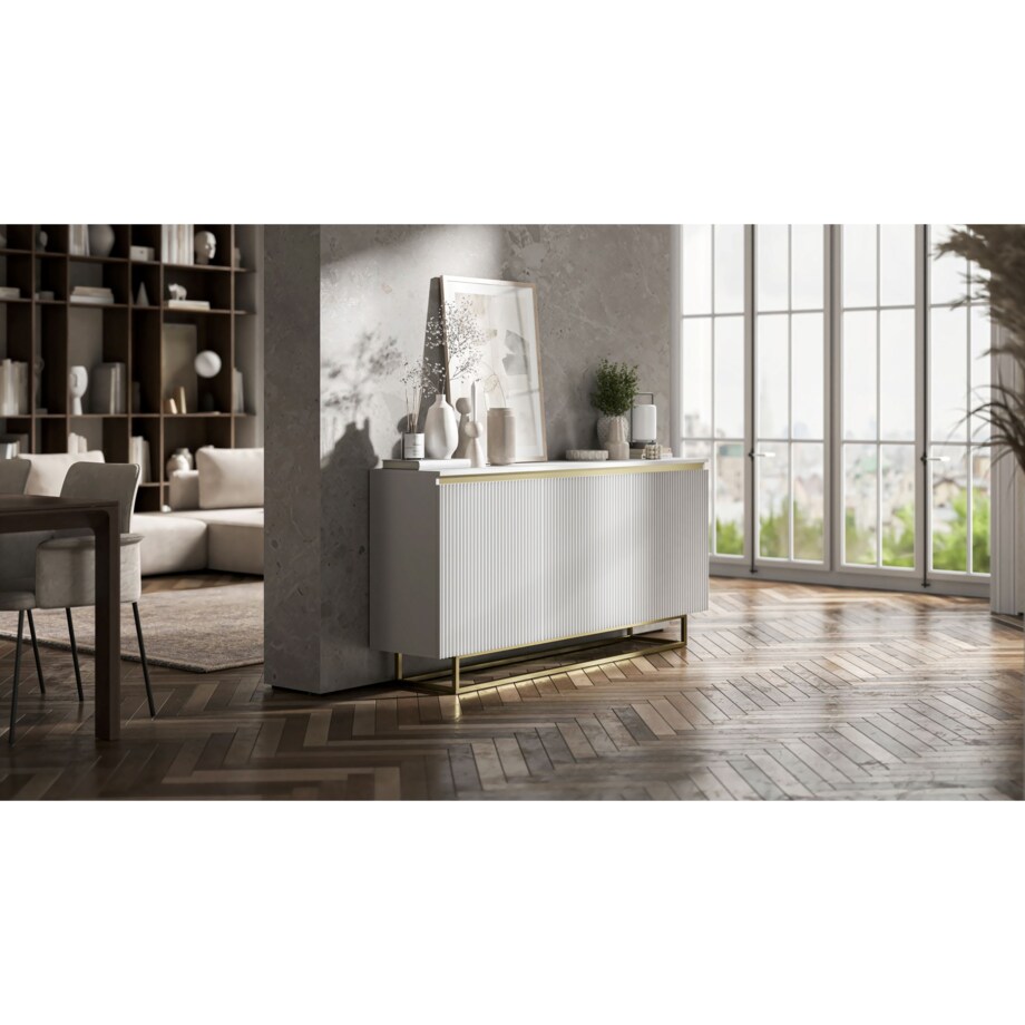 Komoda Glamour Szafka RTV Biały MAT ryflowane fronty złote akcenty 166,8 cm
