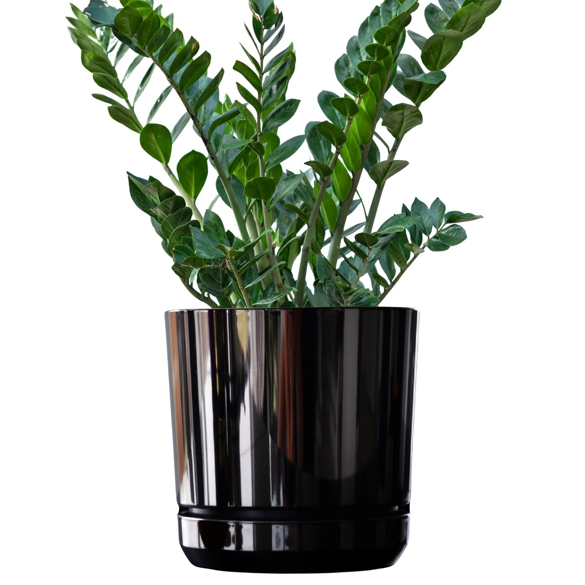 26 cm wzór CZARNY BŁYSZCZĄCY Doniczka z podstawką nowoczesna glamour efekt lustra black wysoki połysk metaliczna elegancka