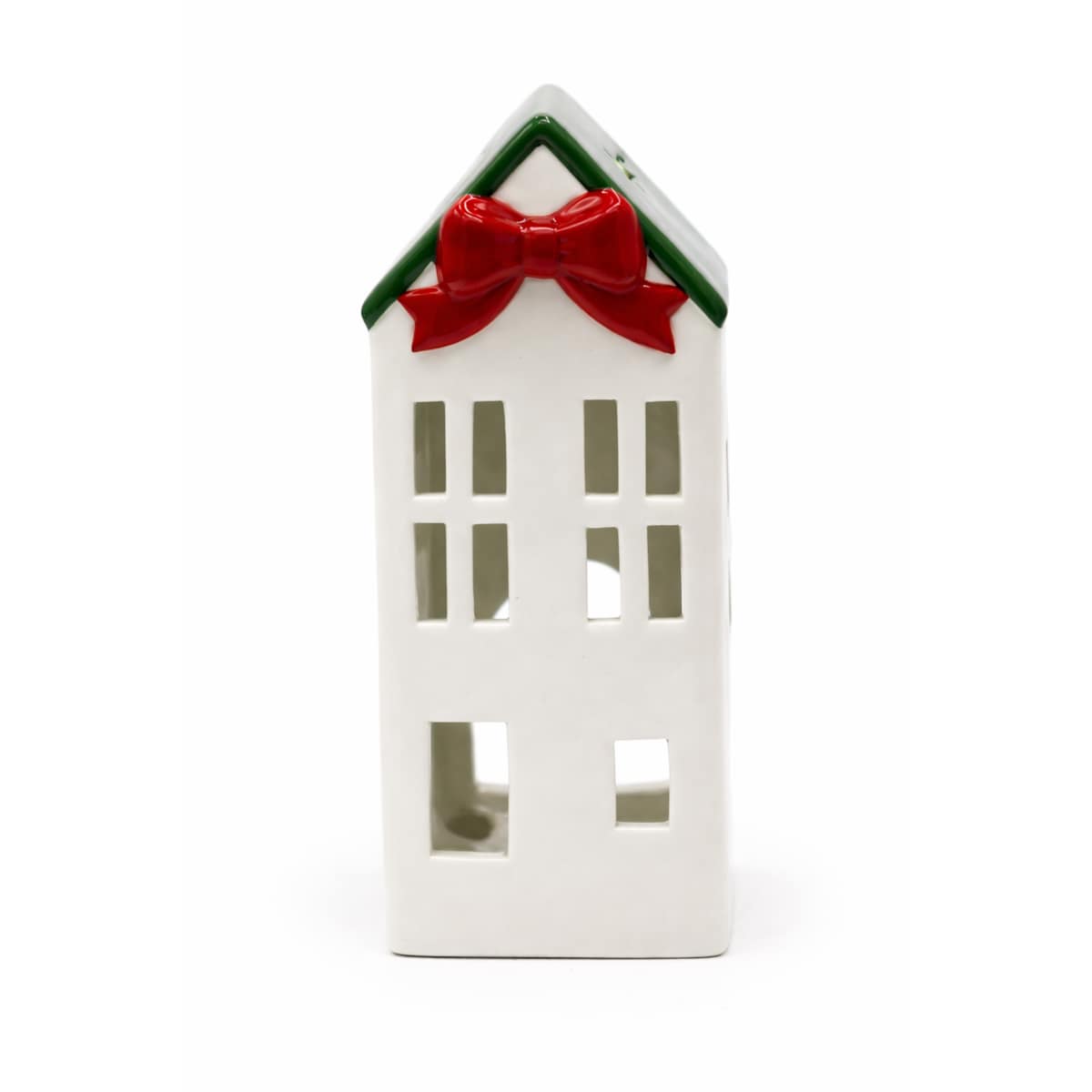 Ceramiczny domek na tea-lighty 20,4x9 x8,9 cm z czerwoną kokardą i zielonym dachem