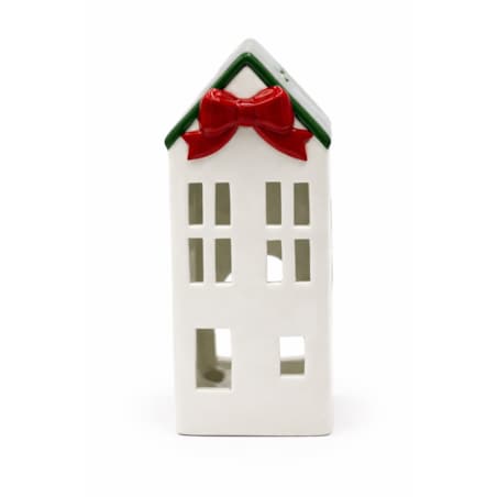 Ceramiczny domek na tea-lighty 20,4x9 x8,9 cm z czerwoną kokardą i zielonym dachem