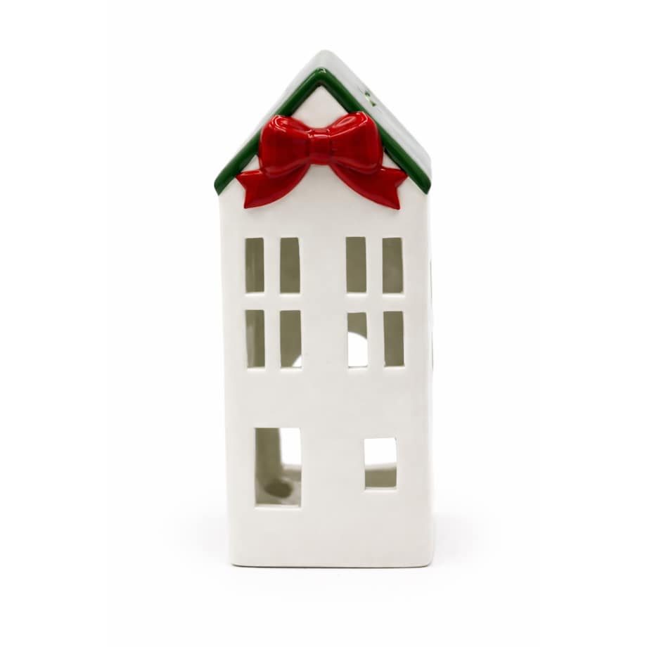 Ceramiczny domek na tea-lighty 20,4x9 x8,9 cm z czerwoną kokardą i zielonym dachem