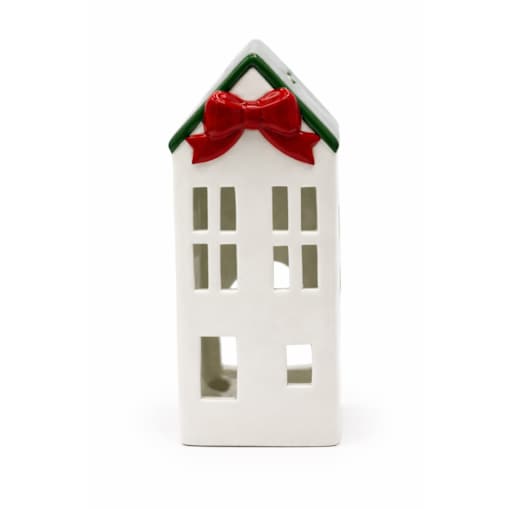 Ceramiczny domek na tea-lighty 20,4x9 x8,9 cm z czerwoną kokardą i zielonym dachem