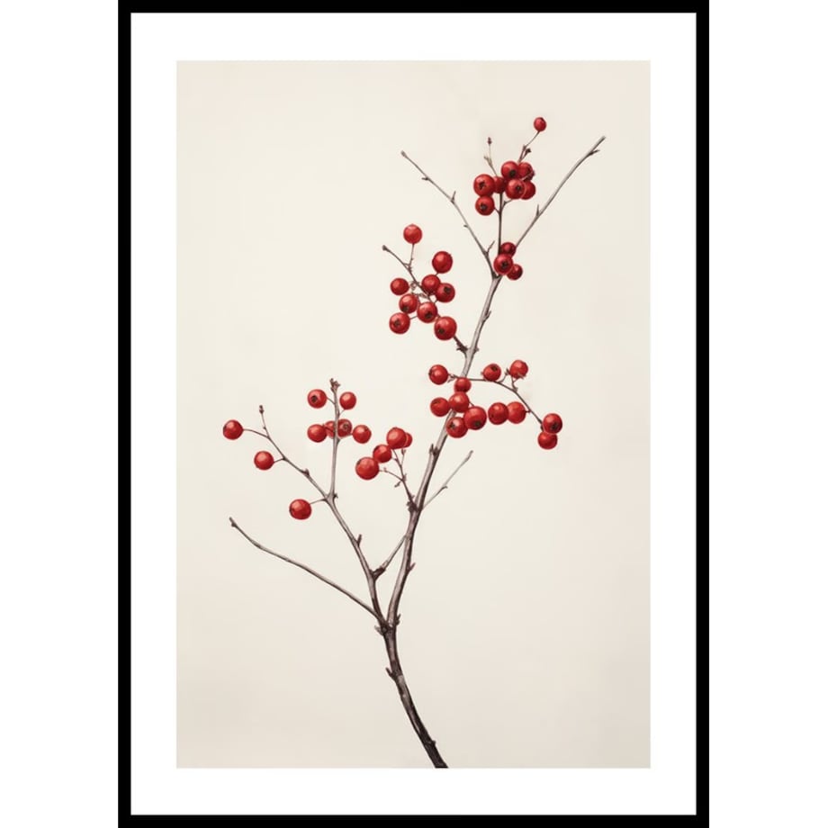 Poster Story, Plakat, Obraz - Gałązka z Czerwonymi Jagodami na Beżowym Tle, wymiary 42 x 60 cm