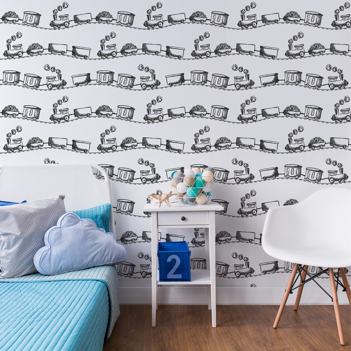 Tapeta Dziecięca Czarno-Białe KOLEJKI Pociągi Parowozy
