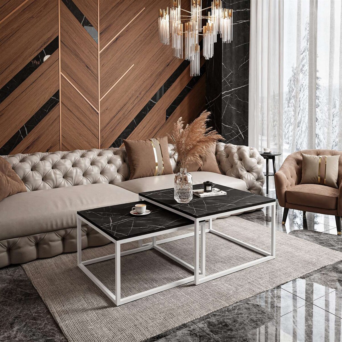 Stolik kawowy ława YOSHI 2w1 biały grigia pietra czarna 40/46 cm