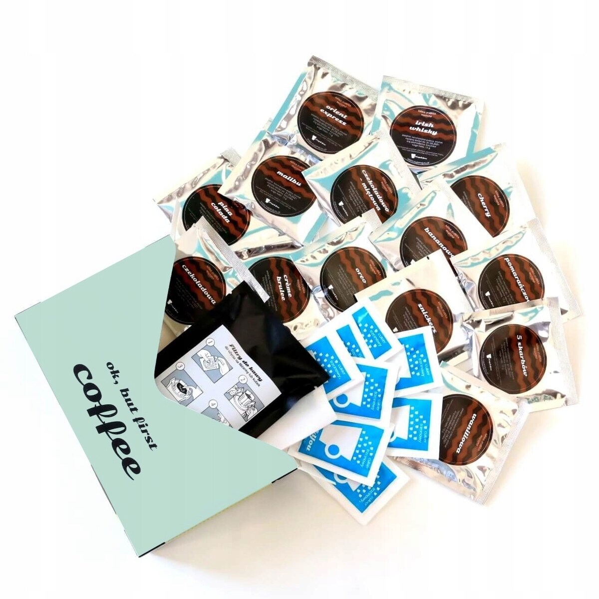 ZESTAW 14 SMAKÓW KAW DESEROWYCH DLA PODRÓŻNIKA TURYSTY NA WYJAZD + ZAPARZACZE I CUKIER - PREZENT UPOMINEK DLA KOBIETY FACETA