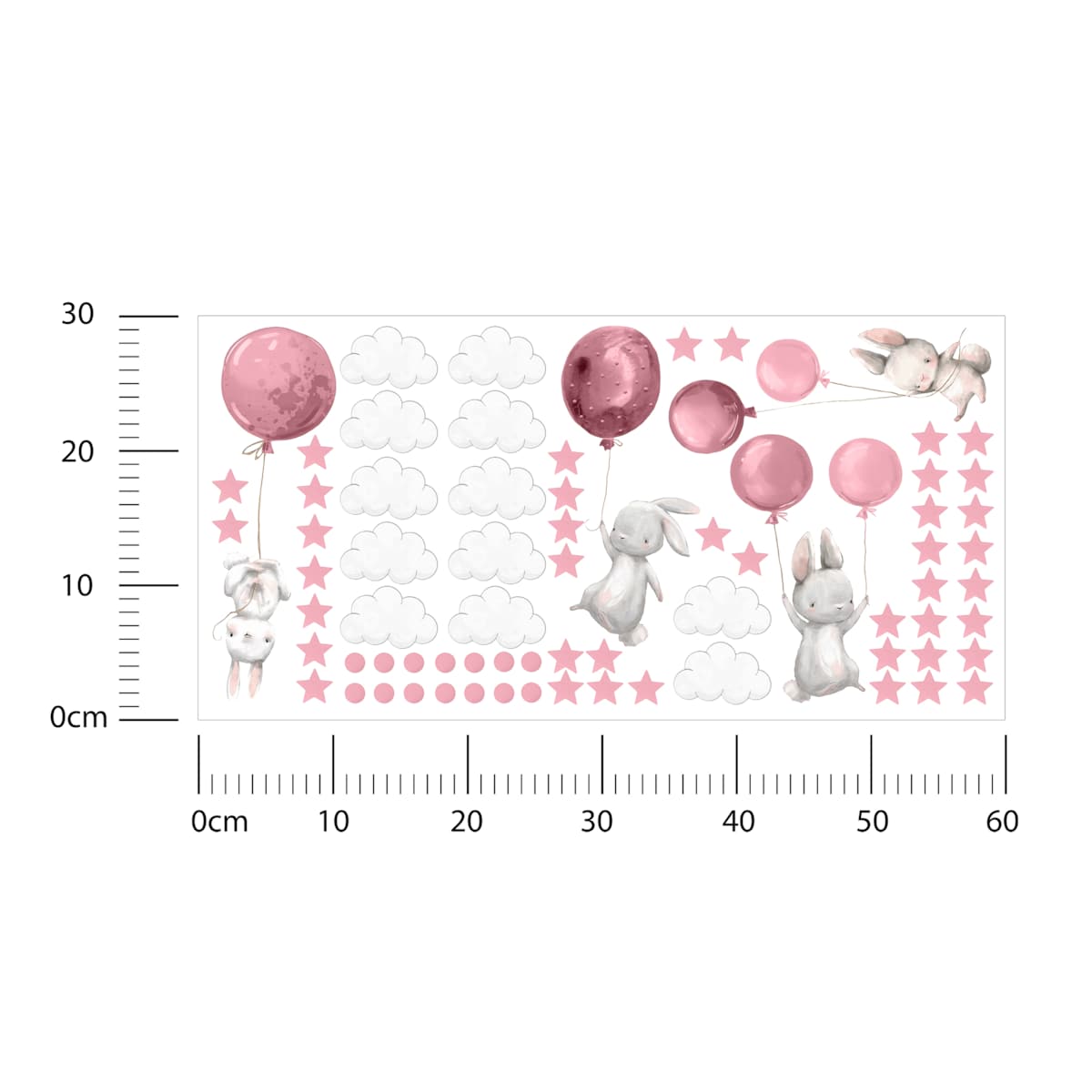 Naklejki Ścienne Dla Dzieci Króliczki Różowe Balony Chmurki Kropki ZESTAW 60x30cm