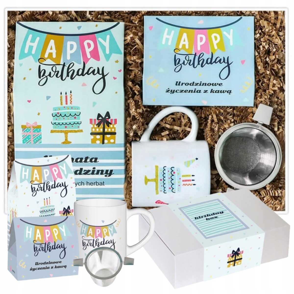 BOX z kawą herbatą zaparzaczem i kubkiem na urodziny 33,5x23x10cm B. DUŻY!