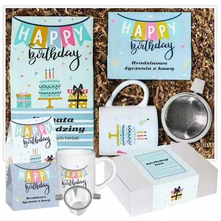 BOX z kawą herbatą zaparzaczem i kubkiem na urodziny 33,5x23x10cm B. DUŻY!