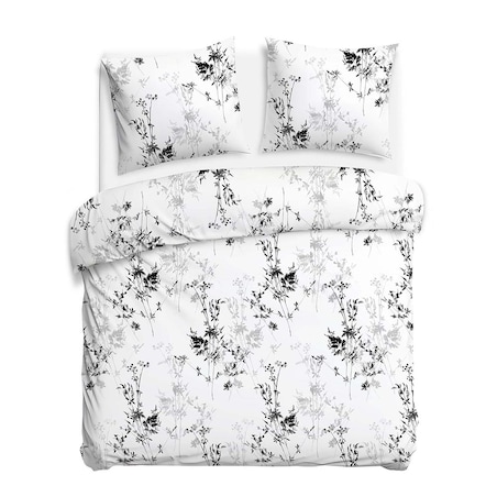 Pościel satyna bawełniana 160x200 Noira biała z czarnym i szarym botanicznym wzorem, Satynlove