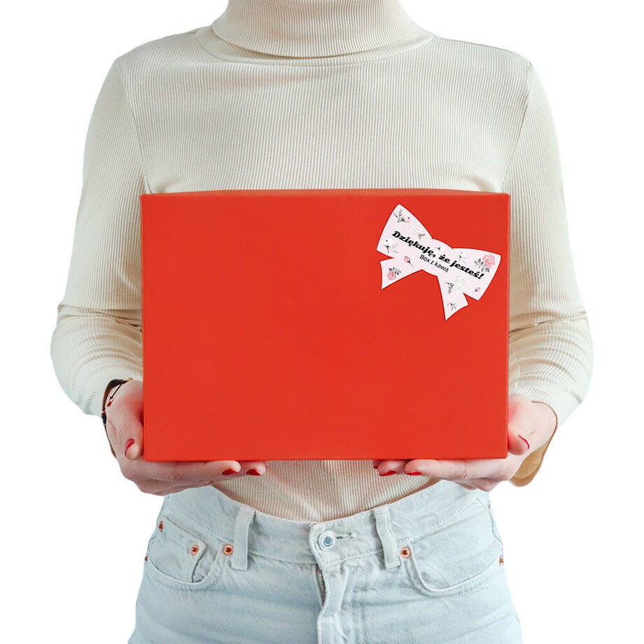 Gotowy zestaw prezentowy „Dziękuję, że jesteś“ kawy smakowe kubek czekoladowe serce kawa PREMIUM mydlane róże prezent upominek na Dzień Matki dla mamy