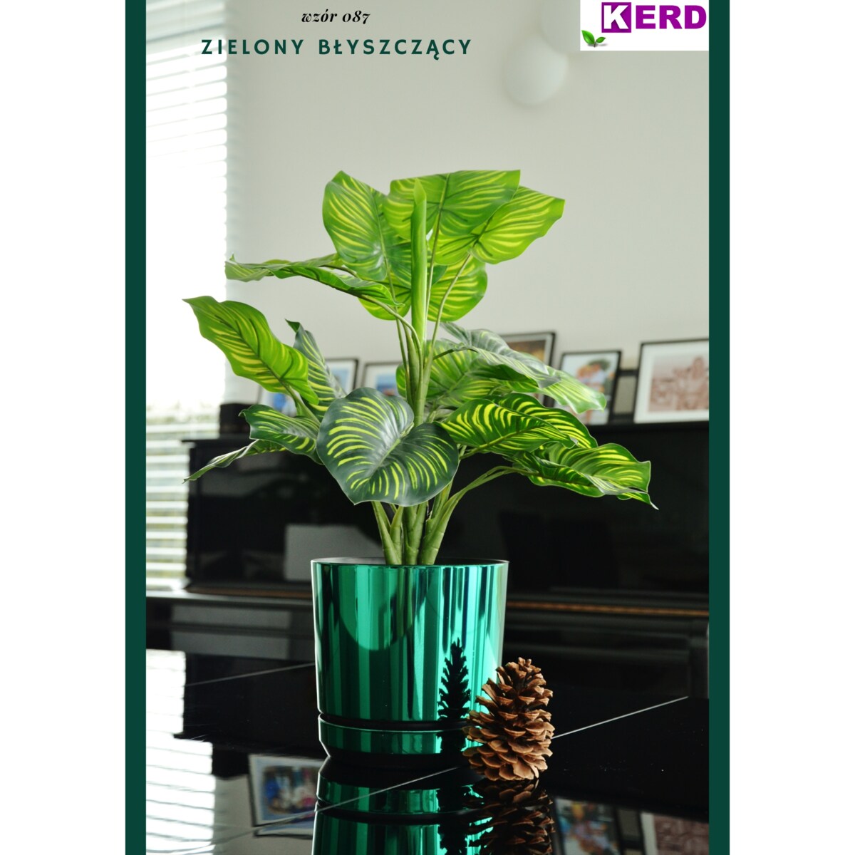 21 cm wzór ZIELONY BŁYSZCZĄCY Doniczka z podstawką nowoczesna glamour wysoki połysk metaliczny idealna do monstera orchidea