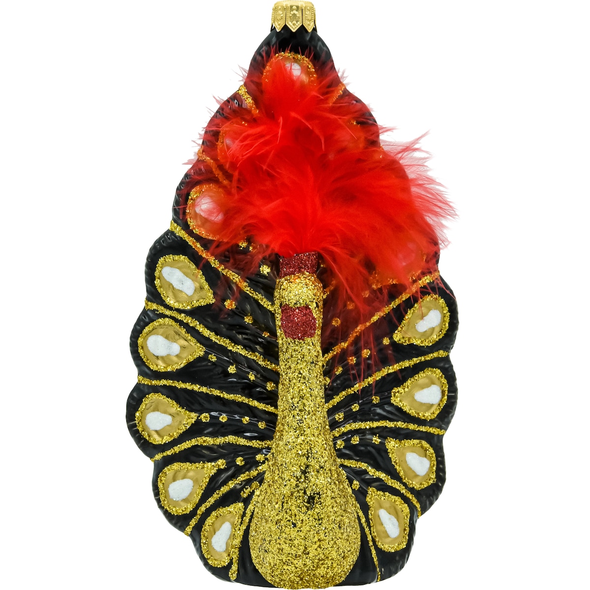 Bombka choinkowa szklana: Paw z piórami: czarno-złoty