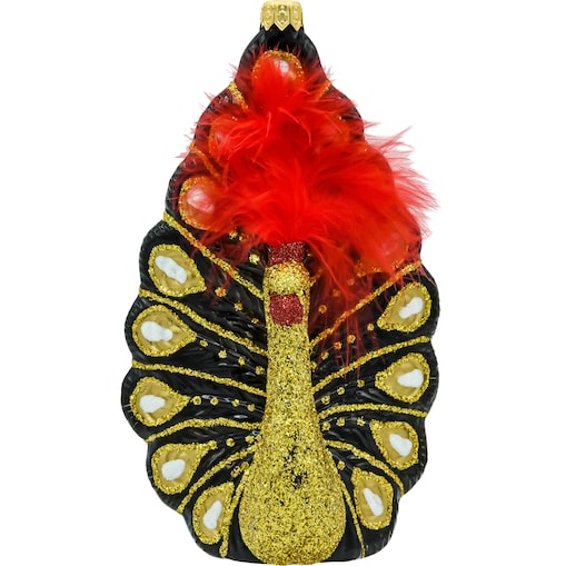 Bombka choinkowa szklana: Paw z piórami: czarno-złoty