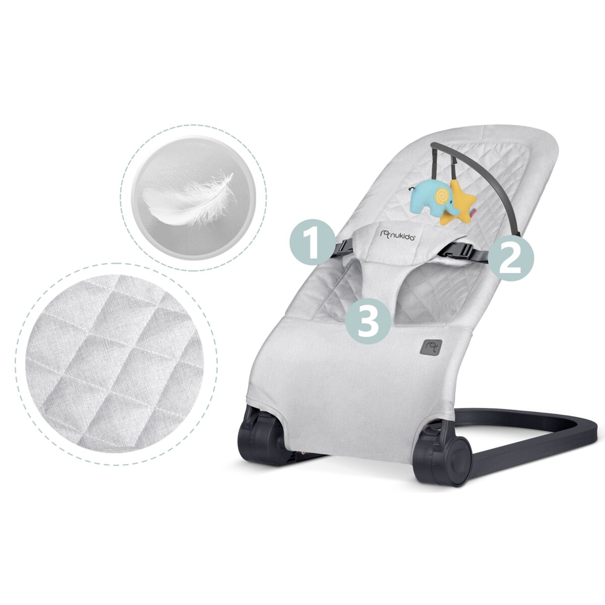 Leżaczek bujany z zabawkami składany bujaczek kołyska Nukido