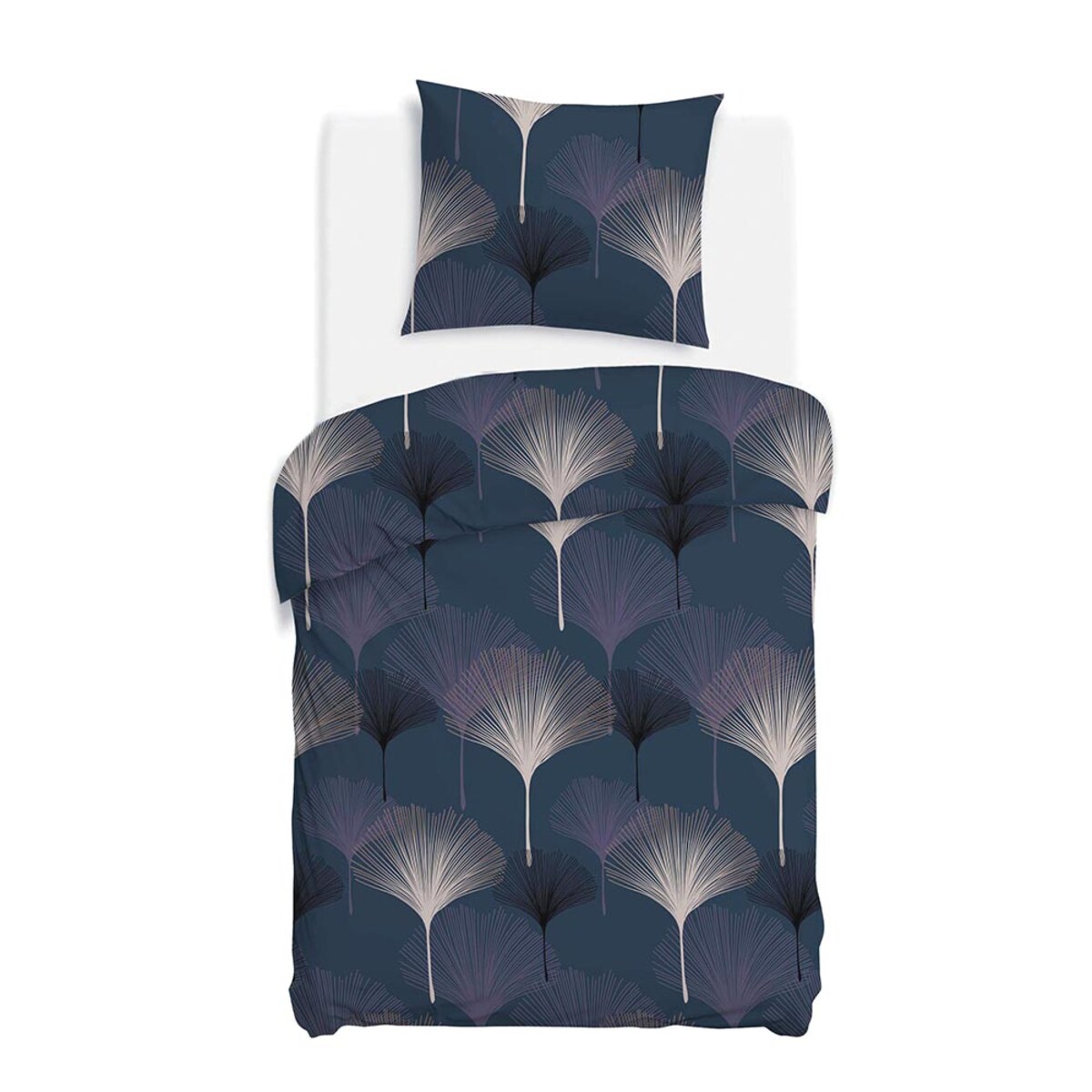 Pościel satyna bawełniana 140x200 Lunavia liście miłorzębu na niebieskim tle, Satynlove