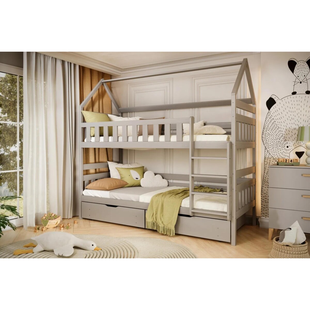Łóżko piętrowe domek FELIKS 160x80 szare drewniane trzyosobowe