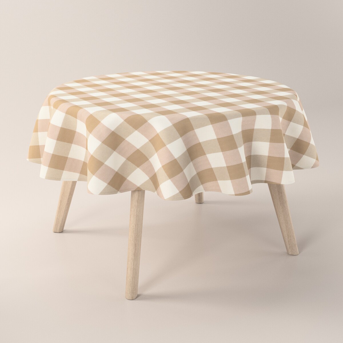 Obrus okrągły 130 x 130 cm beżowo-biała krata (5,5x5,5cm)