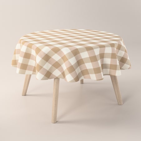 Obrus okrągły 130 x 130 cm beżowo-biała krata (5,5x5,5cm)