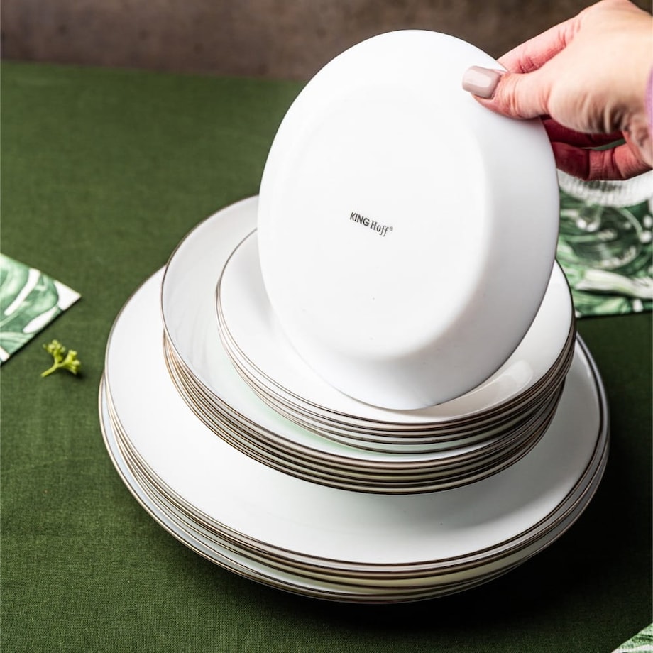 Zastawa stołowa Serwis Komplet talerzy 18 elementów na 6 osób srebrny rant KINGHOFF