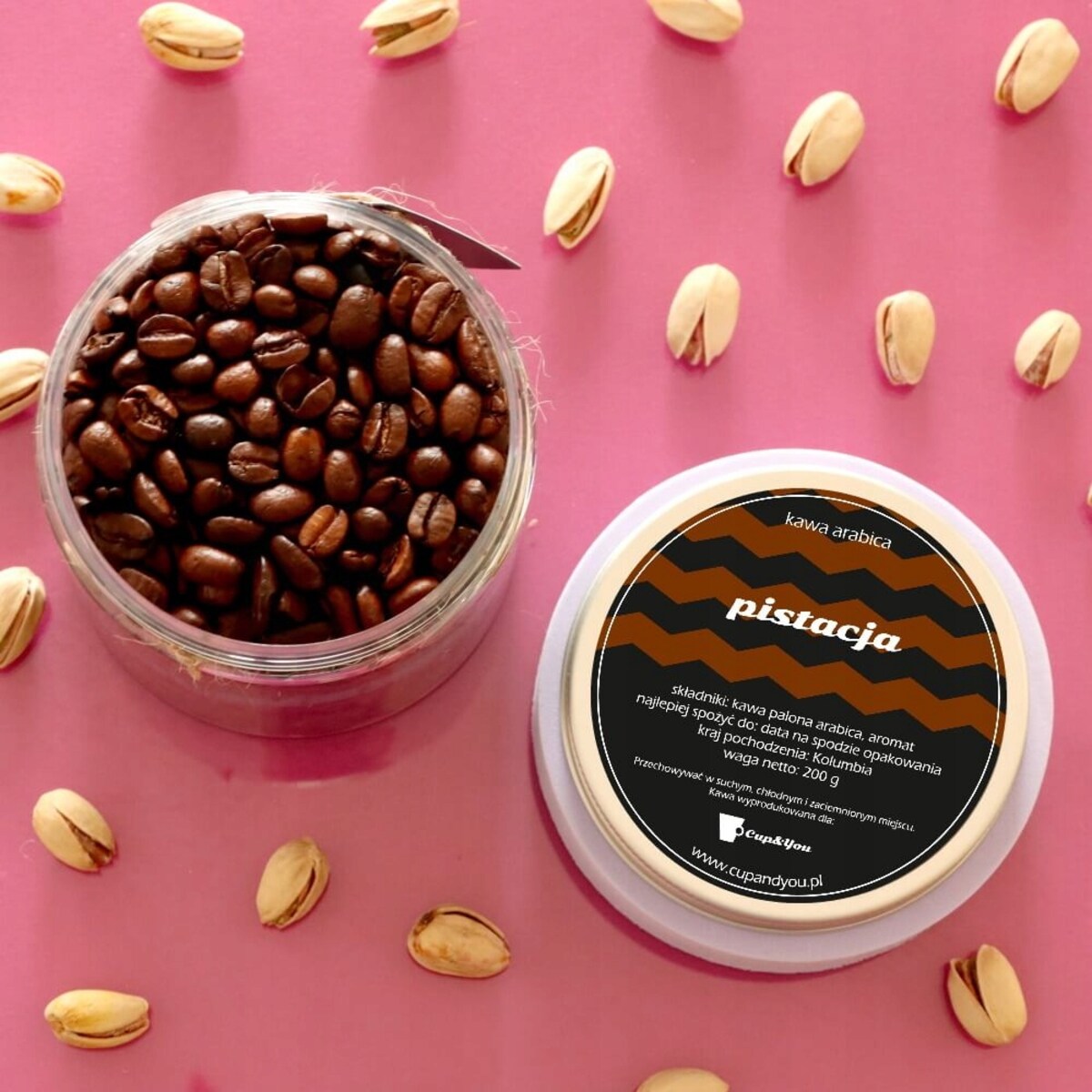 Kawa aromatyzowana o smaku PISTACJI ziarnista ARABICA Cup&You PREMIUM 200g na prezent upominek dla kobiety mężczyzny faceta mamy taty żony męża