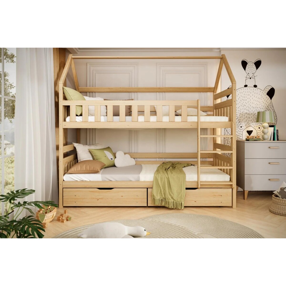 Łóżko piętrowe domek FELIKS 200x80 sosna lakierowana drewniane