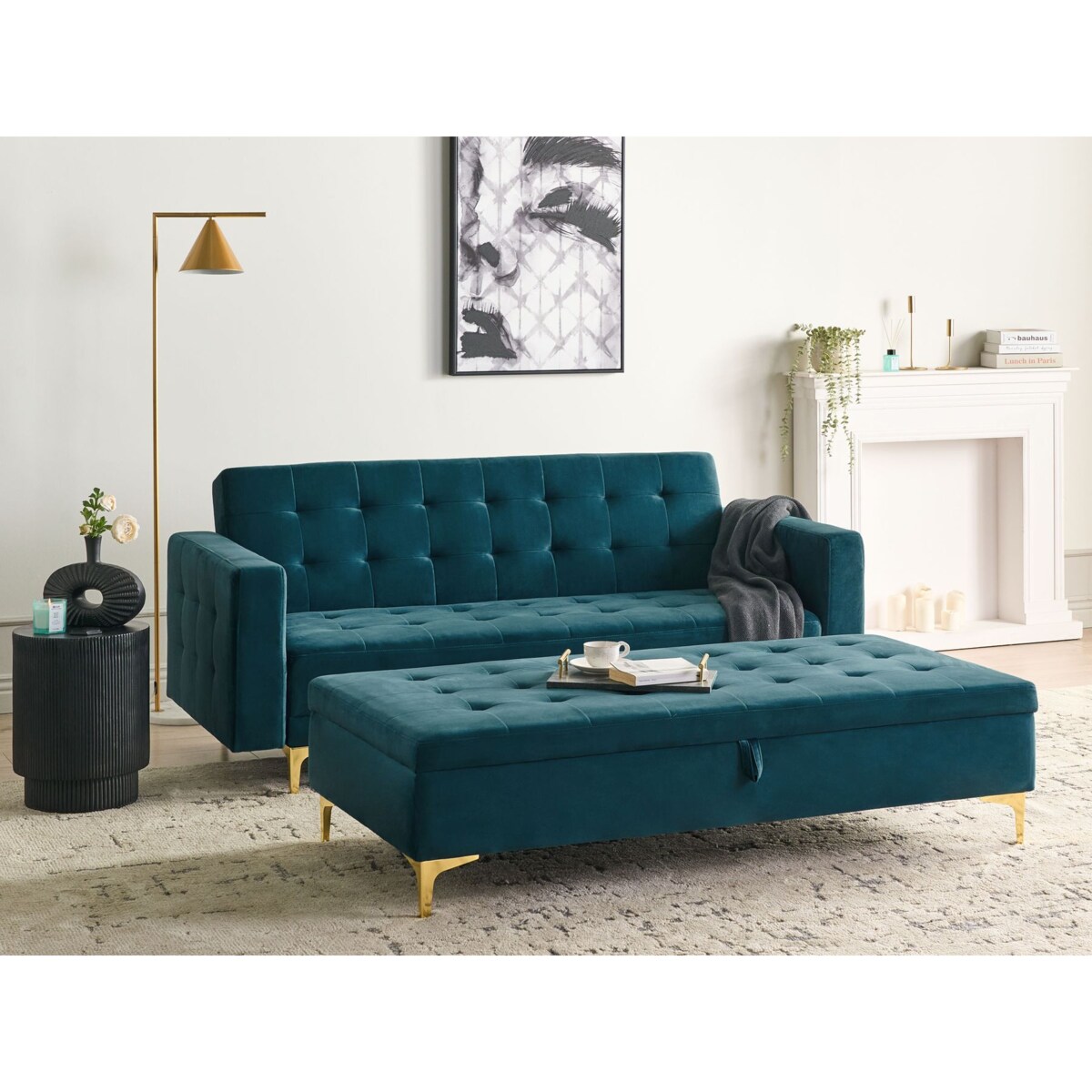 Sofa rozkładana welurowa z otomaną ze schowkiem zielona ABERDEEN