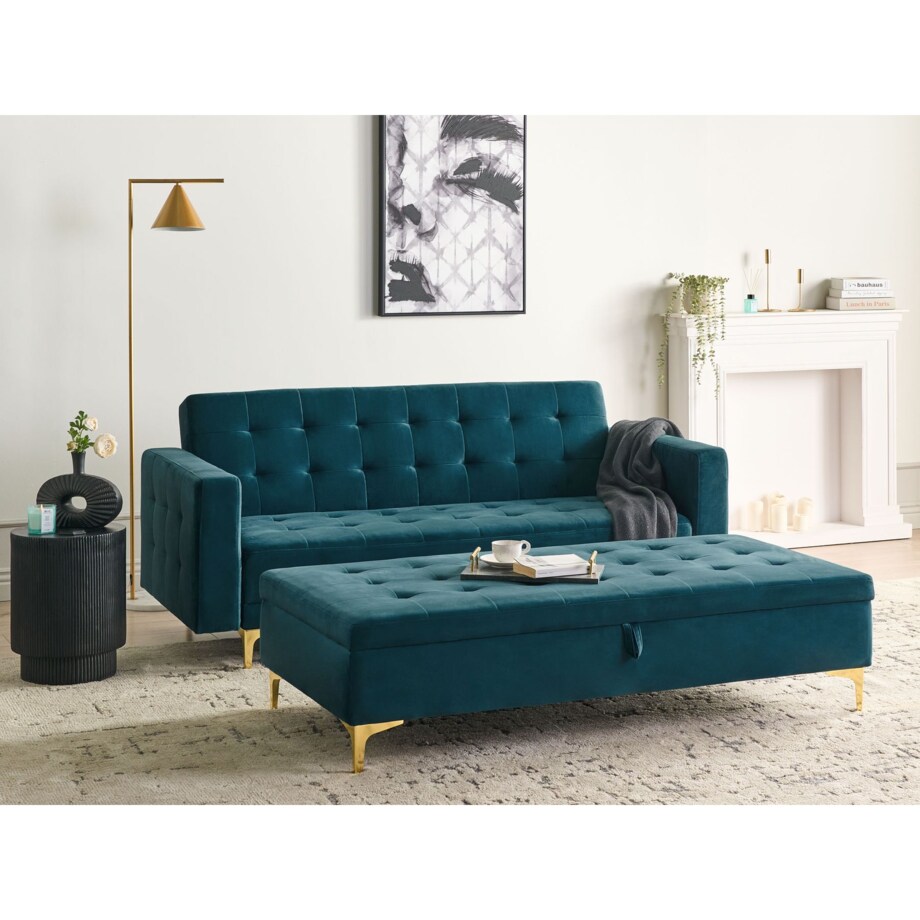 Sofa rozkładana welurowa z otomaną ze schowkiem zielona ABERDEEN