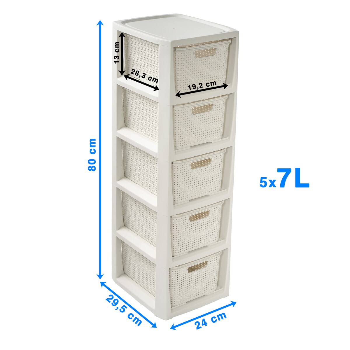 Regał Stojak Łazienkowy Rattanowy Szafka Z Koszami 5 X 7L Biały