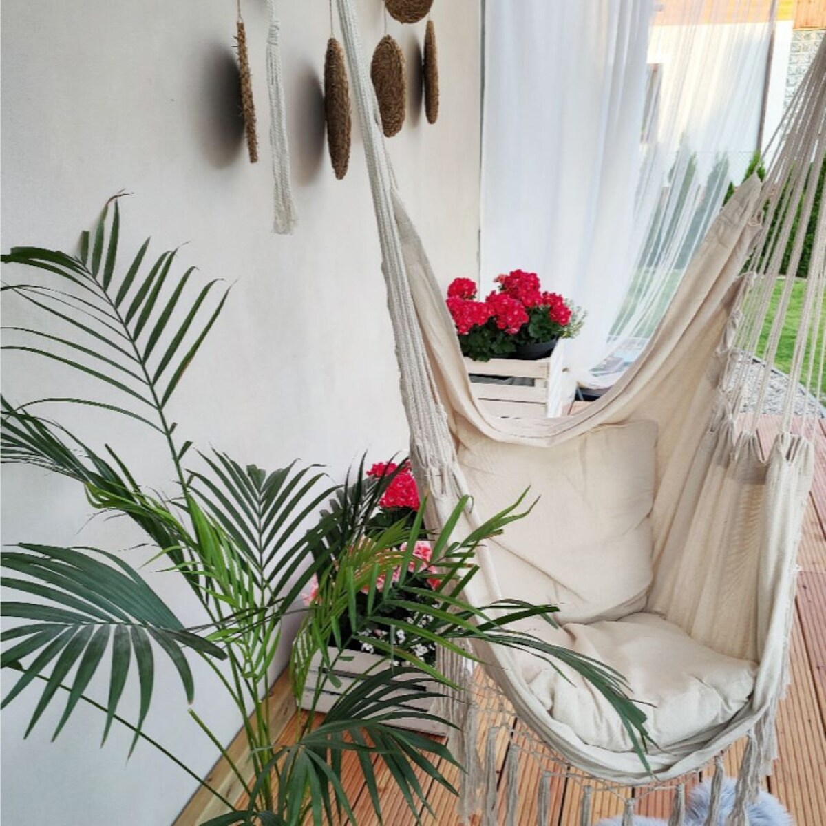 Krzesło wiszące ogrodowe hamak, brazylijskie L beżowe