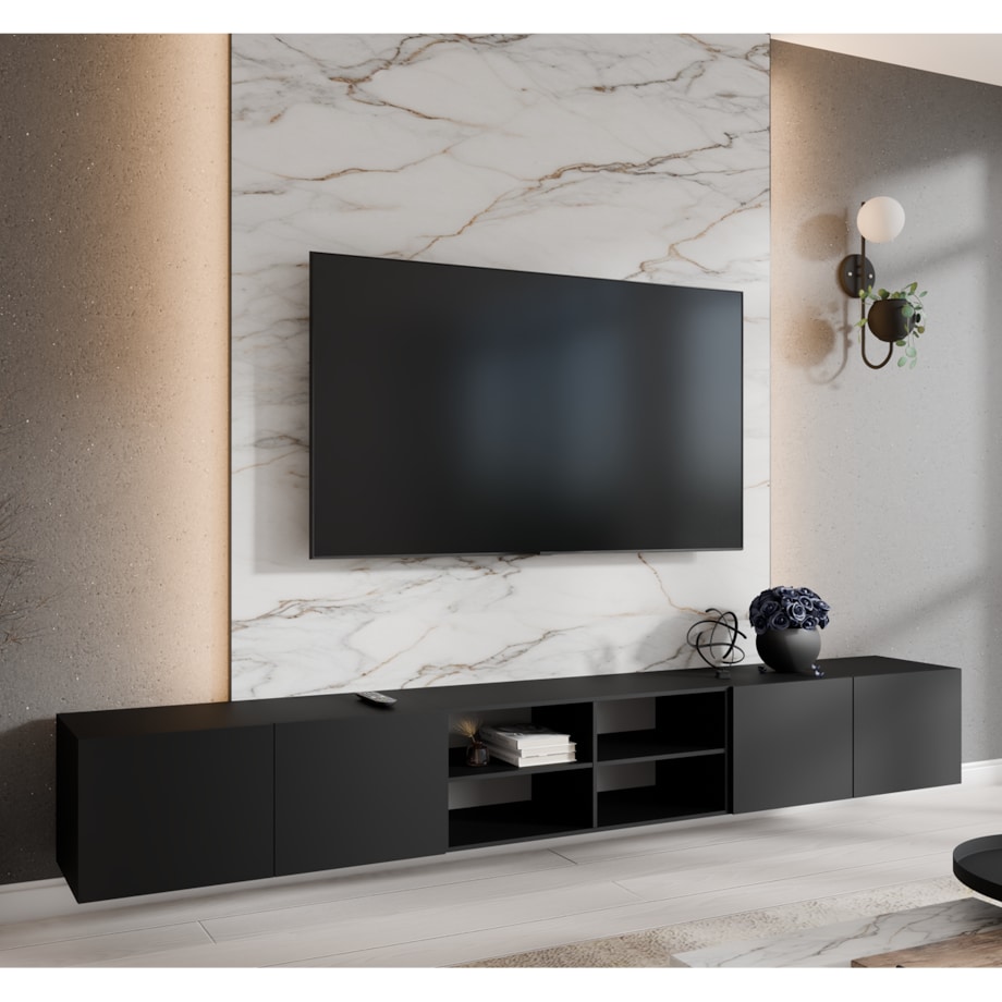 Szafka RTV LION 300 cm otwarta z półkami, pod telewizor do salonu -czarny