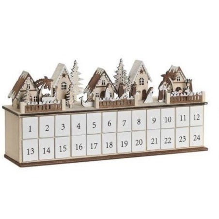 Kalendarz adwentowy LED 23x45x11 cm z 2 domkami o białych dachach