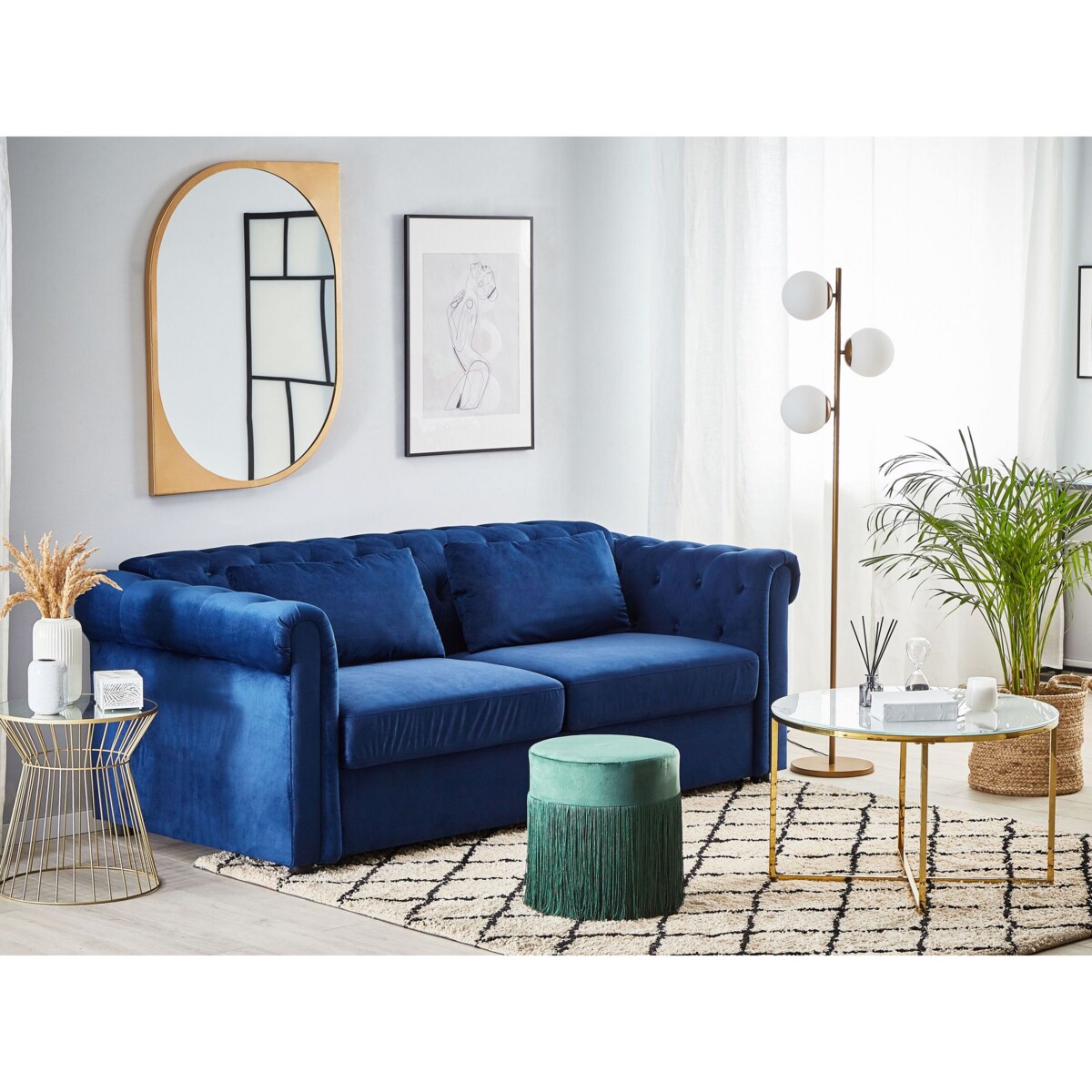 Sofa rozkładana welurowa niebieska CHESTERFIELD