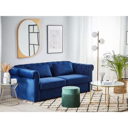 Sofa rozkładana welurowa niebieska CHESTERFIELD