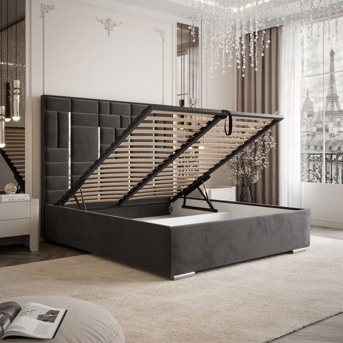 Łóżko tapicerowane BRIGITTE SILVER, pojemnik na pościel, s34, 180x200, Element 01