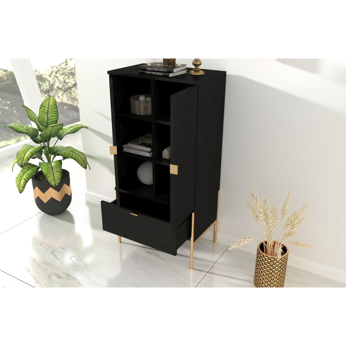 Wysoka elegancka czarna komoda Skandica POLKA na złotych nóżkach