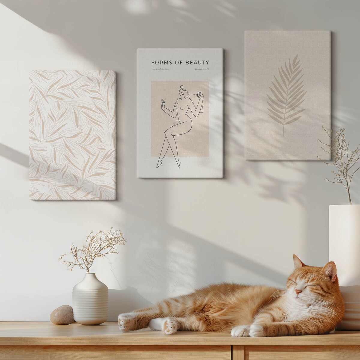 Zestaw 3 małych obrazów na płótnie - Motywy minimalistyczne botaniczne - beżowy