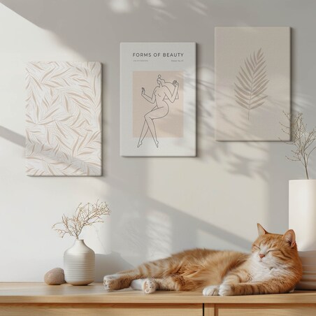 Zestaw 3 małych obrazów na płótnie - Motywy minimalistyczne botaniczne - beżowy