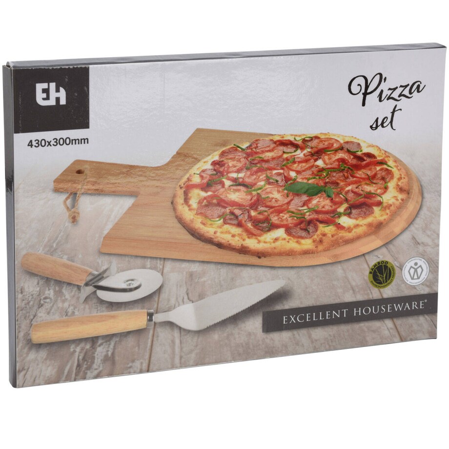Deska do pizzy drewniana z łopatką i nożem MAMMA MIA, Ø 43 cm