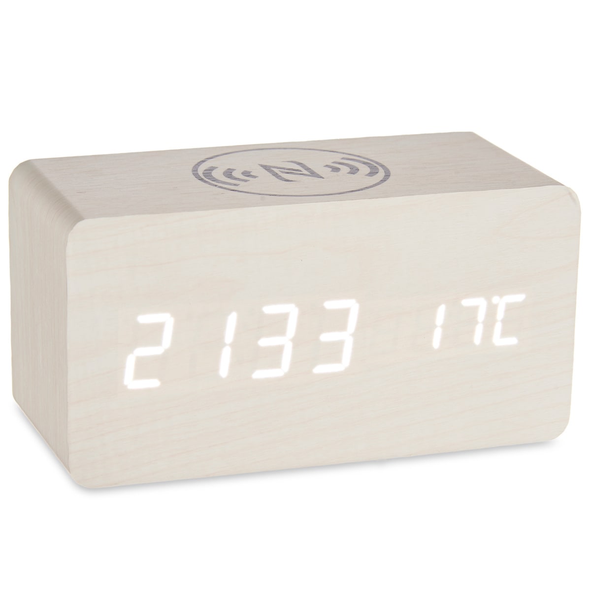Zegarek z ładowarką bezprzewodową do telefonu, LED, na baterie, na USB, kolor biały, MDF